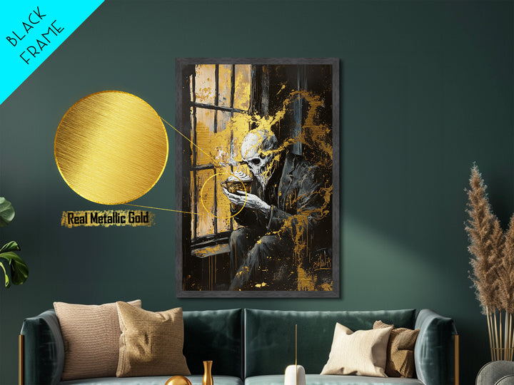 Haunted Skeleton by the Window Metallic Gold Art, Creepy Gothic Metal Art with Steam Cup Framed in Real Wood for Halloween