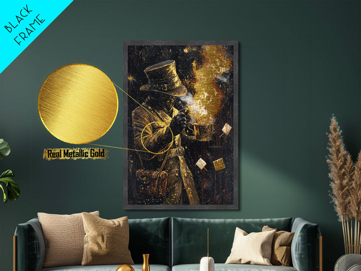 Haunted Gentleman with Fire Metallic Gold Art, Spooky Metal Art Painting, Gothic Horror Wall Decor Framed in Wood