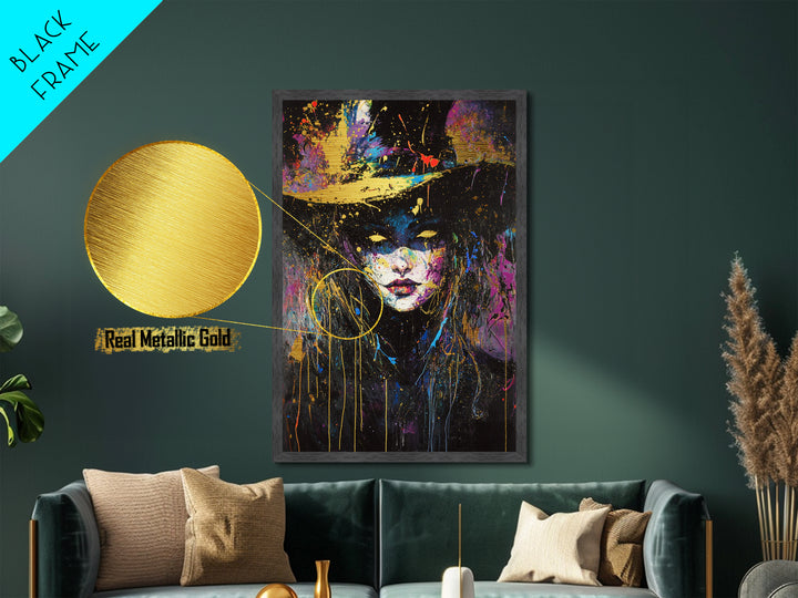 Colorful Witch Face Metallic Gold Art with Neon Splatter, Gothic Spooky Season Metal Art in a Real Wood Frame Halloween Print