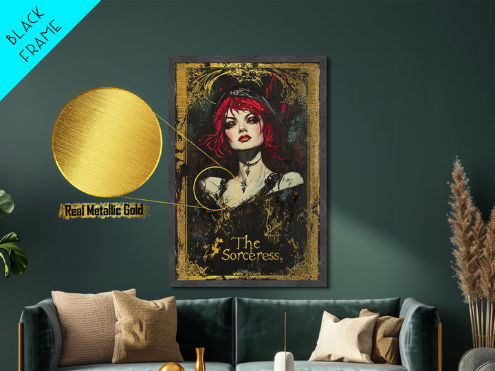 The Sorceress Gothic Portrait Metallic Gold Art, Dark Witchy Halloween Metal Art Framed in Natural Wood, Creepy Spooky Decor