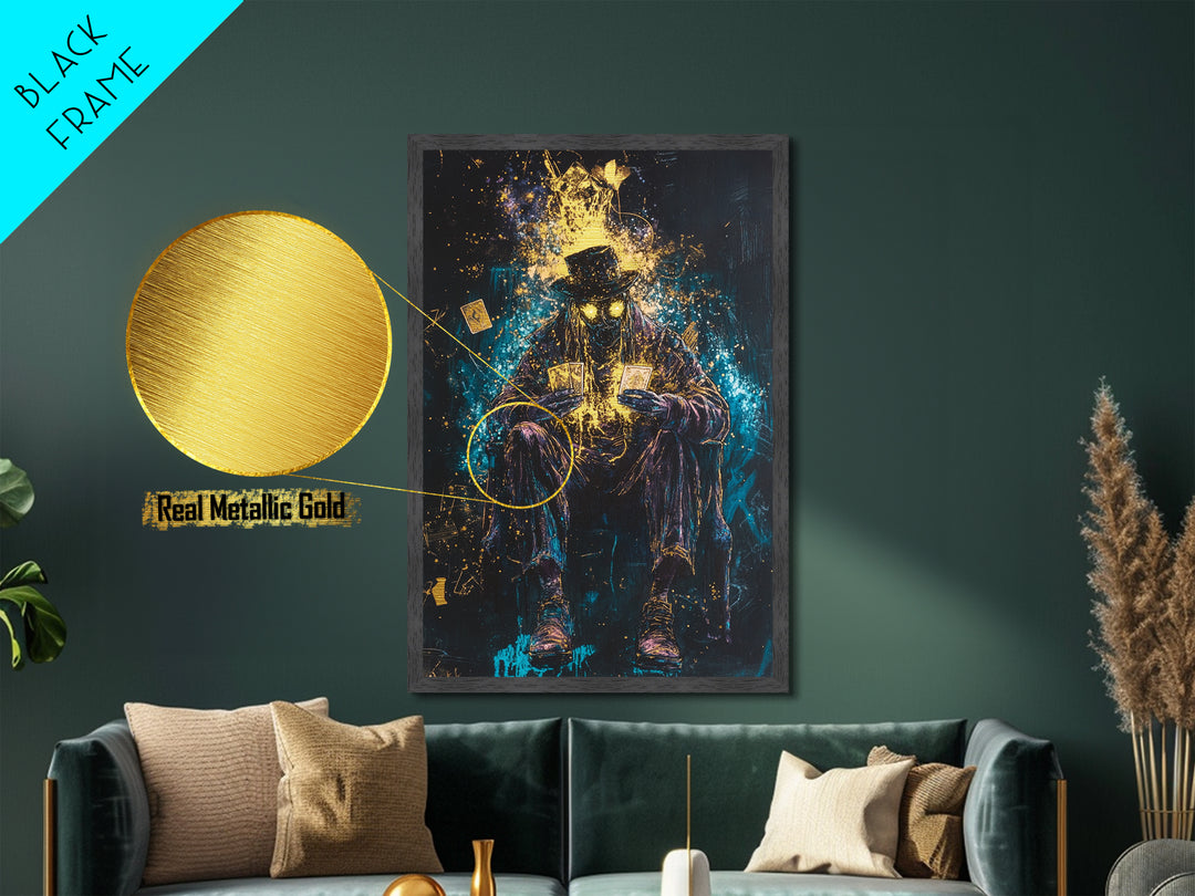 Tarot Card Reader Metallic Gold Art with Glowing Eyes, Gothic Fortune Teller Metal Art Framed in Real Wood for Spooky Season