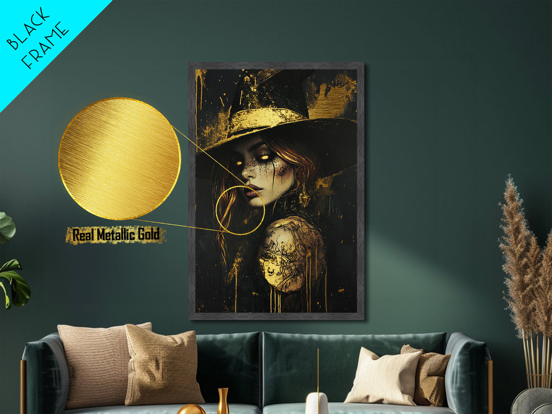 Mystic Witch Portrait Metallic Gold Art with Moon, Gothic Occult Halloween Metal Art in a Real Wood Frame, Spooky Wall Decor