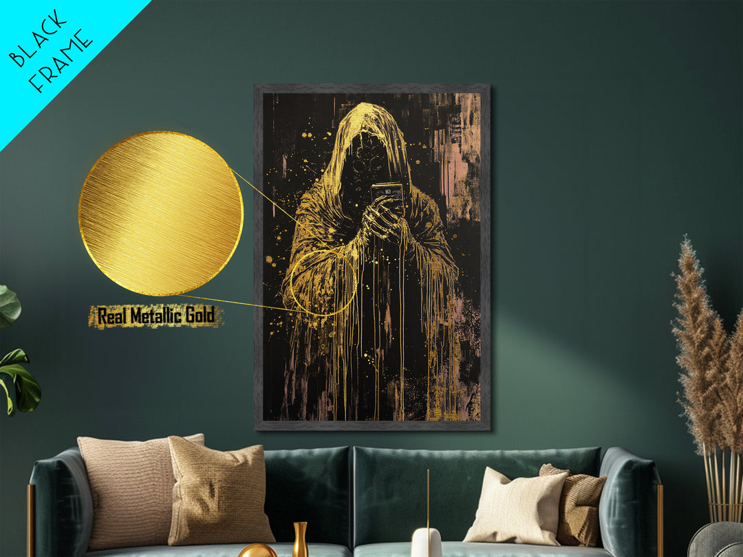 Grim Reaper with Cassette Metallic Gold Art, Haunted Spooky Horror Metal Art on Black Canvas with Real Wood Frame Halloween