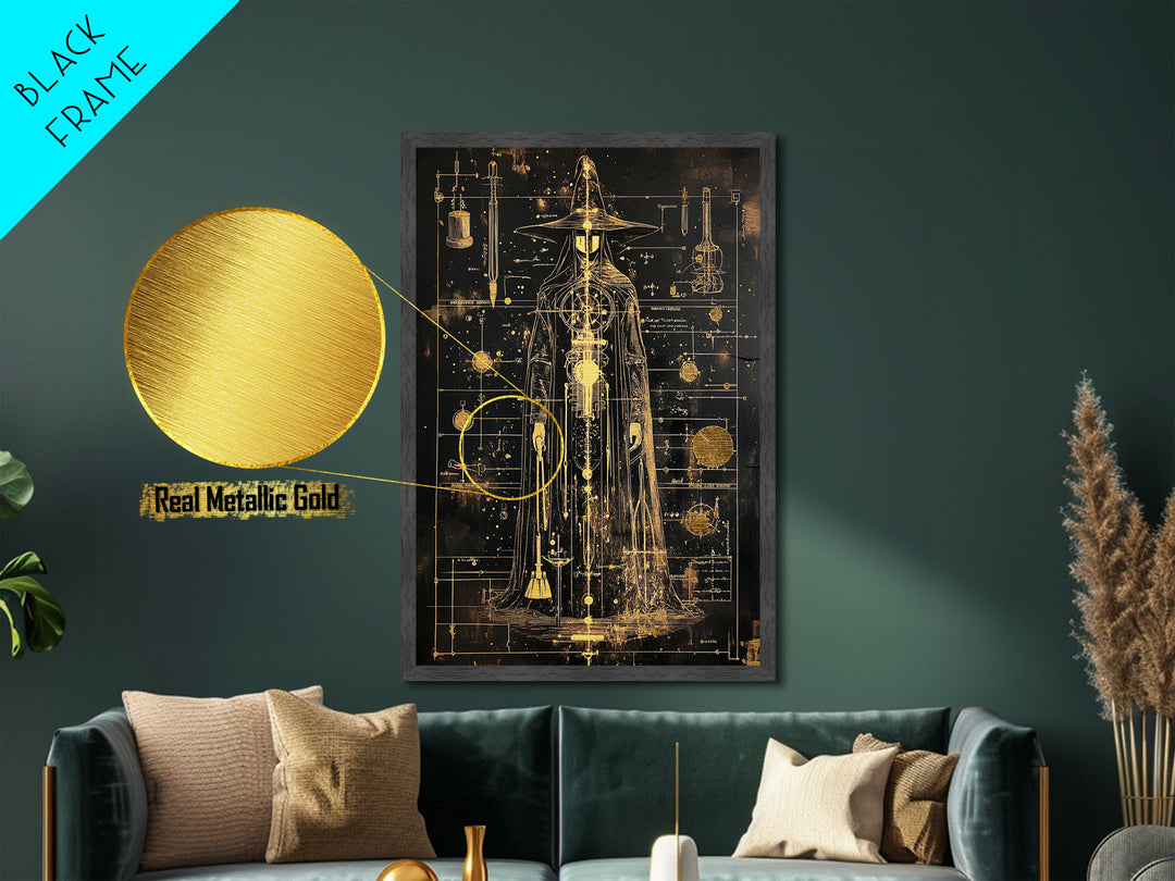 Alchemist Witch Schematic Metallic Gold Art, Gothic Occult Halloween Metal Art Framed in Natural Wood, Spooky Season Decor