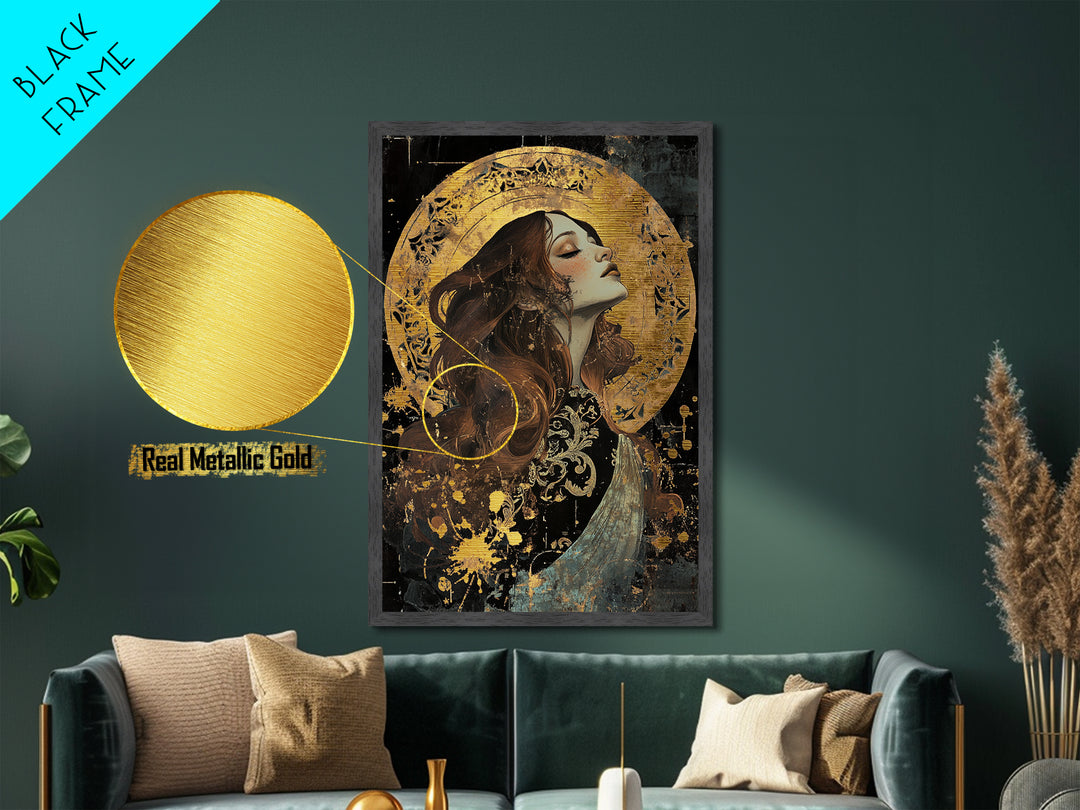 Metal Art Metallic Gold Art Gothic Witch Candle Scene – Halloween Spooky Season Print with Handmade Real Wood Frame