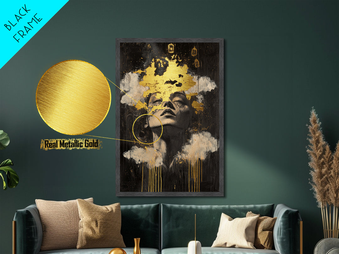 Haunted Dreams Metallic Gold Art, Gothic Spooky Season Metal Art Wall Décor, framed in natural real wood for Halloween