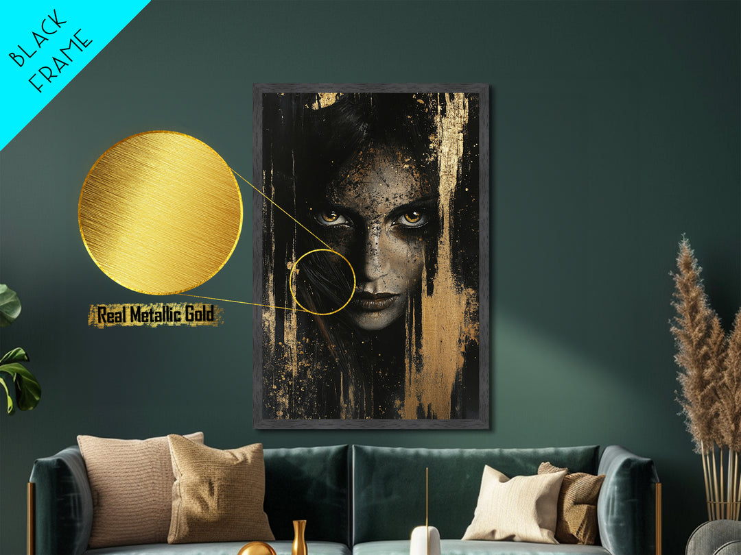 Metal Art Metallic Gold Art Haunted Gothic Female Portrait – Spooky Season Horror Aesthetic with Real Wood Frame