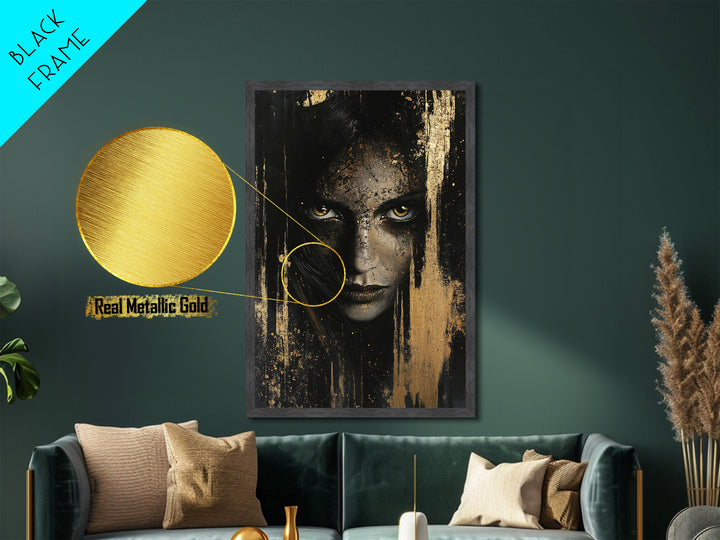 Metal Art Metallic Gold Art Haunted Gothic Female Portrait – Spooky Season Horror Aesthetic with Real Wood Frame