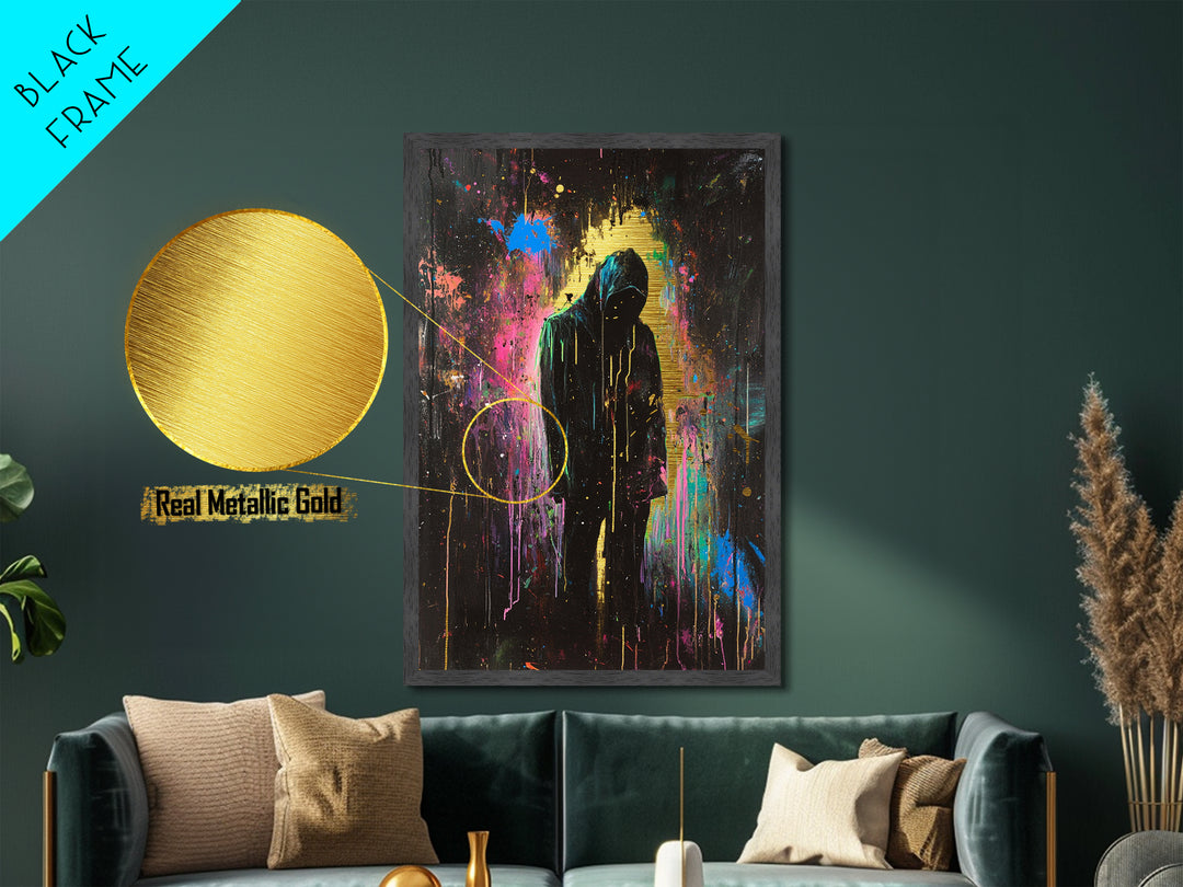 Dark Spooky Metallic Gold Art Metal Art Hooded Figure – Halloween Gothic Wall Print Framed with Natural Real Wood