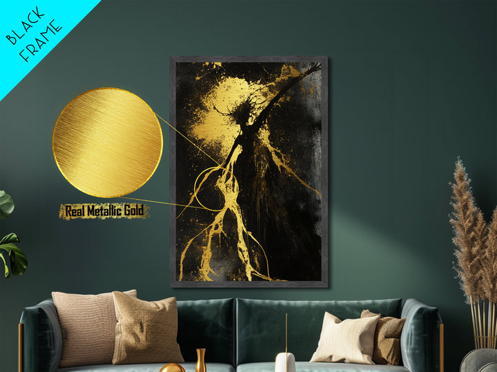 Metallic Gold Art Metal Art Haunted Forest Creature Silhouette – Gothic Halloween Decor with Real Wood Framed Finish