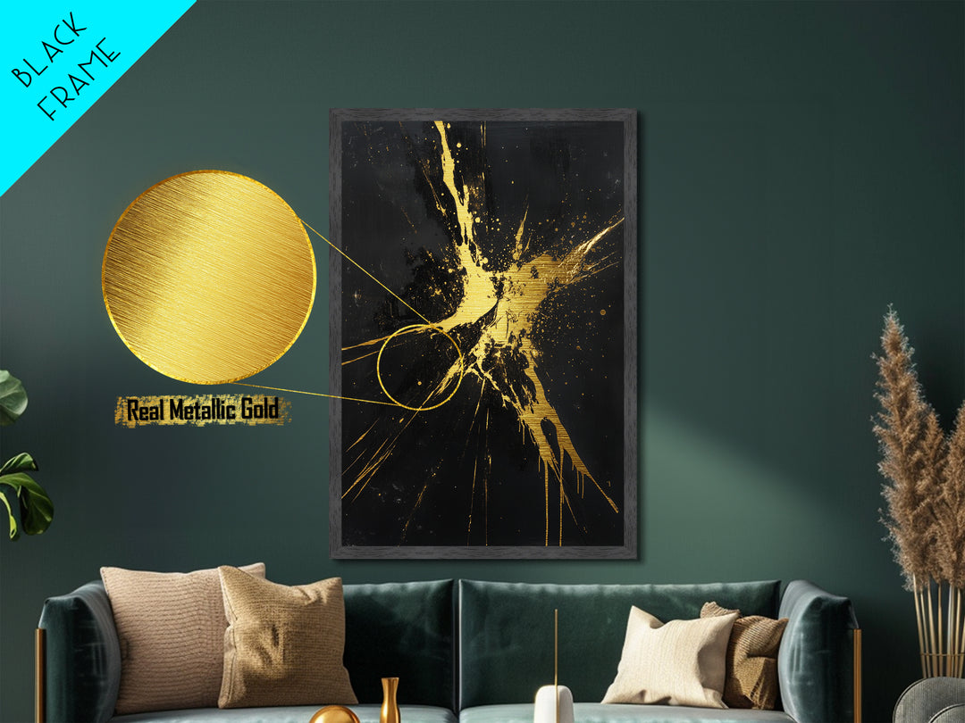 Metal Art Metallic Gold Halloween Wall Decor, Gothic Abstract Splatter Painting, Spooky Season Accent framed in real wood