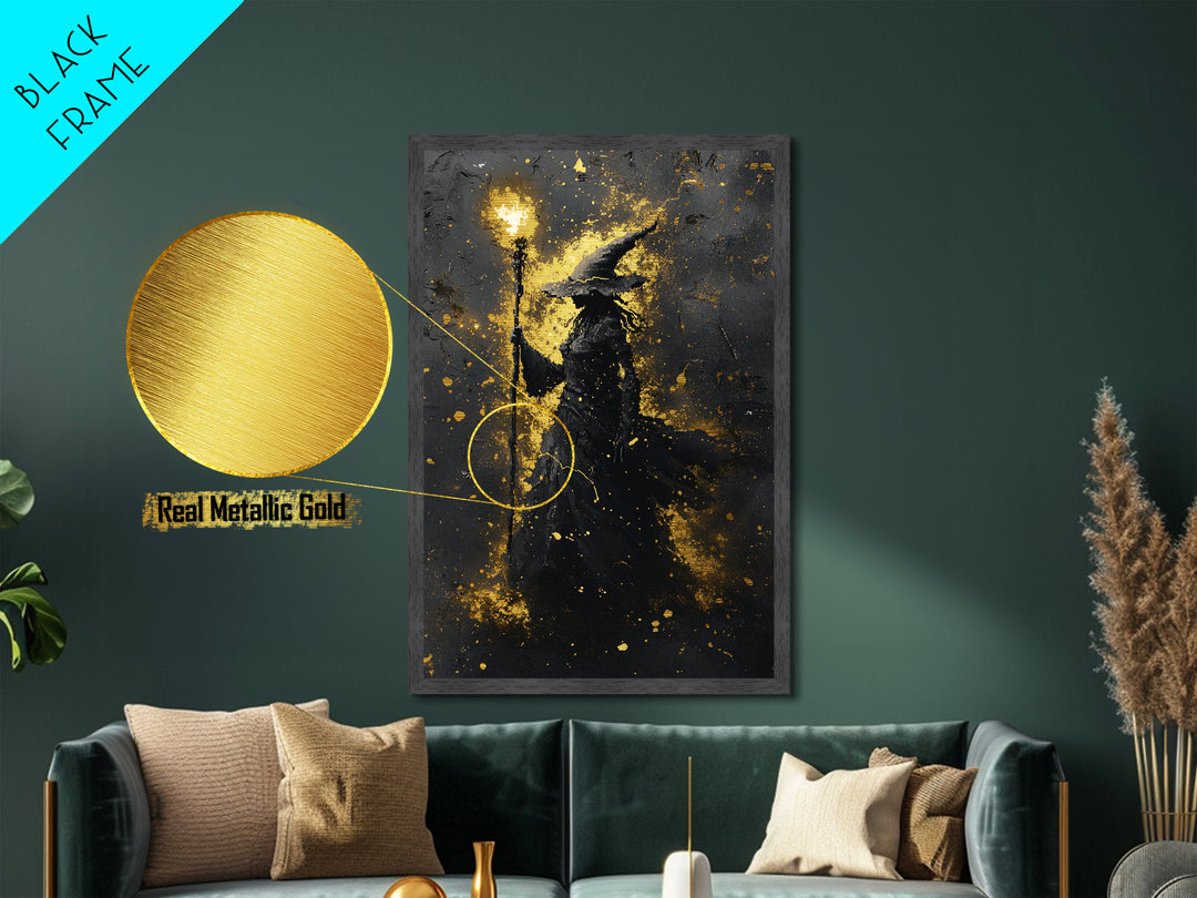 Witchy Gothic Decor Metallic Gold Art, Spooky Wizard Metal Art Wall Hanging, Halloween Home Style with natural wood frame