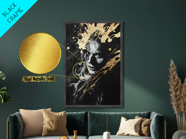 Haunted Portrait Halloween Metallic Gold Art, Gothic Horror Face Metal Art Print, Dark Wall Decor mounted in real wood frame