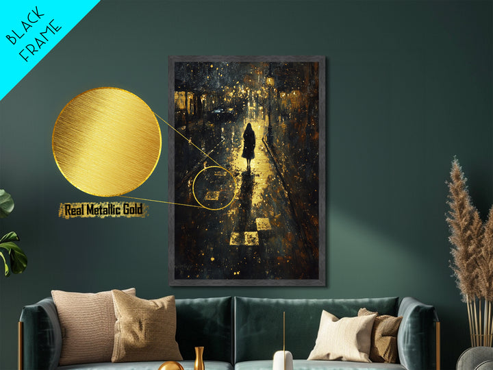 Spooky Night Street Scene Metallic Gold Art, Haunted City Metal Art Print, Gothic Halloween Wall Decor in rustic wood frame