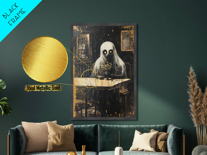Haunted Cafe Metallic Gold Art, Spooky Ghost with Flowers Metal Art Print, Gothic Halloween Wall Hanging in wood frame display
