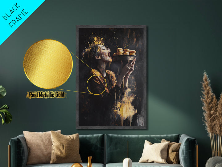 Horror Feast Metallic Gold Art, Spooky Gothic Woman Eating Macarons Metal Art Print, Halloween Wall Decor framed in real wood
