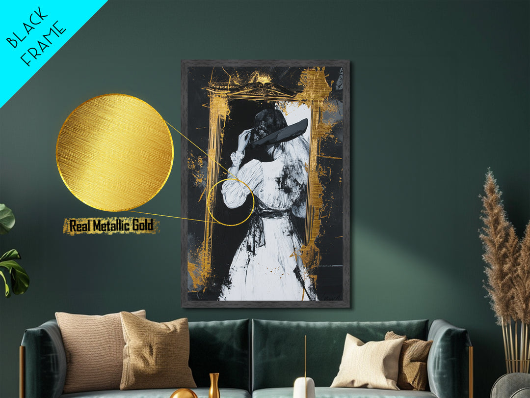 Witchy Gothic Lady Metallic Gold Art, Haunted Mirror Scene Metal Art Painting, Spooky Halloween Decor framed with wood detail