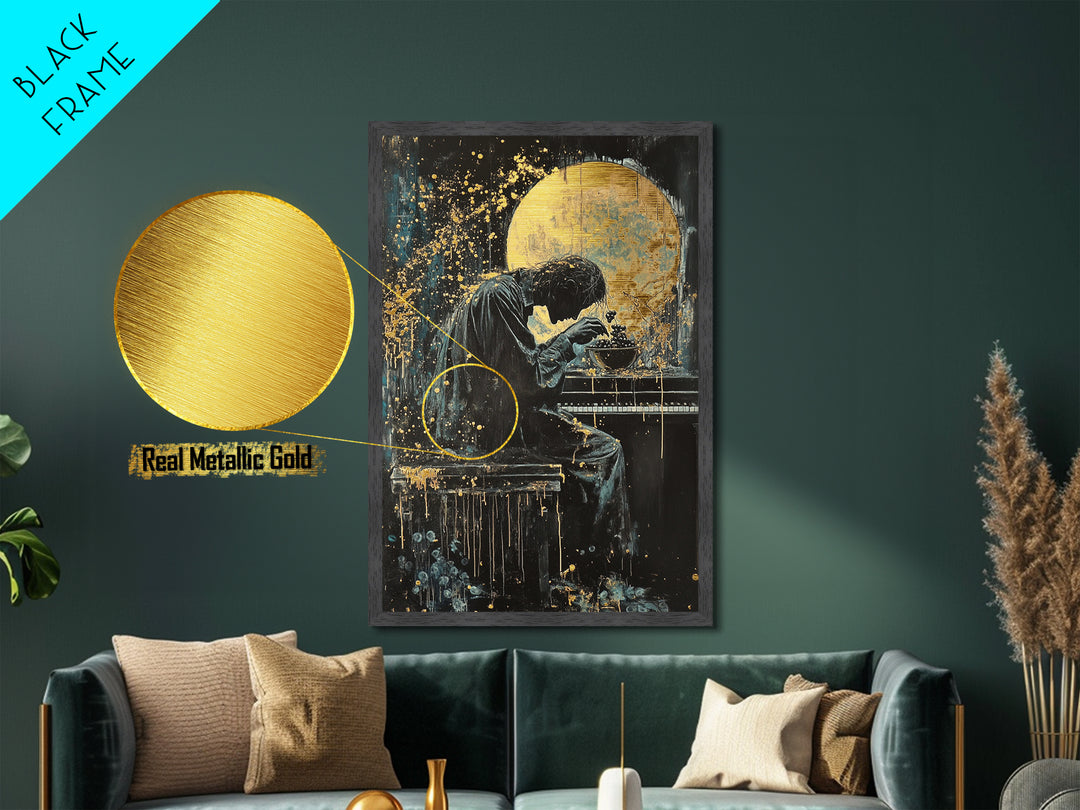 Creepy Pianist Metallic Gold Art, Gothic Moonlight Horror Metal Art Print, Haunted Halloween Wall Decor in real wood frame