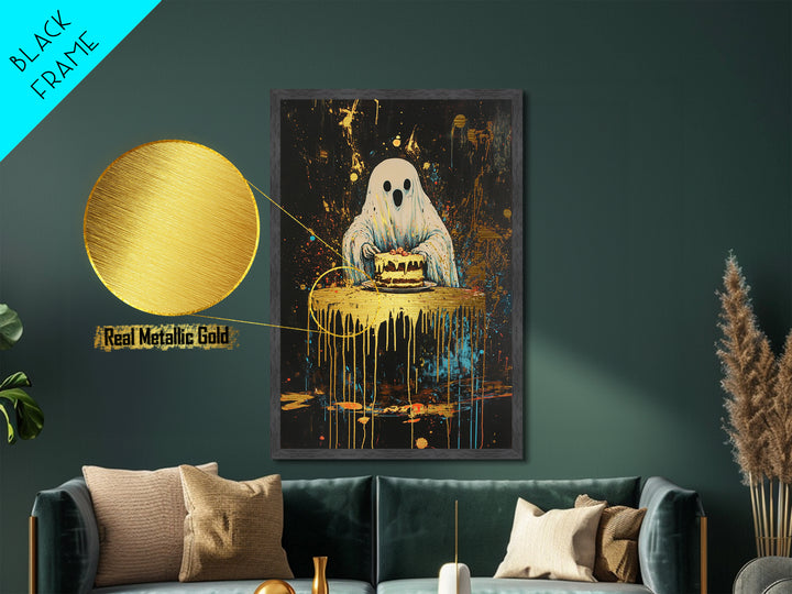 Ghost with Cake Metallic Gold Art, Playful Haunted Party Metal Art for Halloween Décor, with handcrafted real wood frame