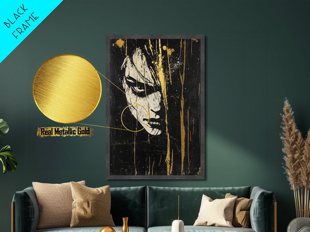 Creepy Female Portrait Metallic Gold Art, Dark Gothic Face Metal Art for Spooky Home Décor, in solid real wood framing