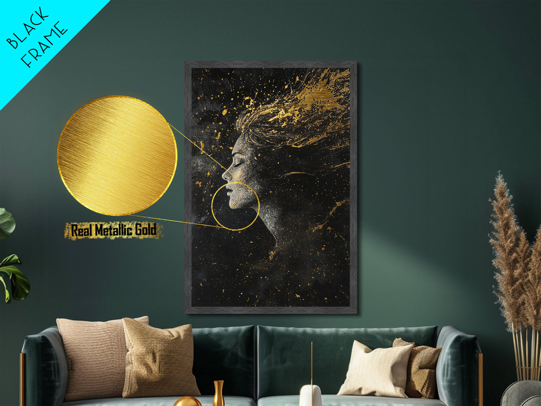 Celestial Witch Metallic Gold Art, Enchanted Spooky Season Metal Art with Starry Night Design, framed in natural real wood