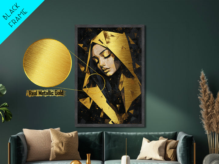 Geometric Hooded Woman Metallic Gold Art, Gothic Polygon Spooky Season Metal Art with Witchy Aesthetic, framed in wood