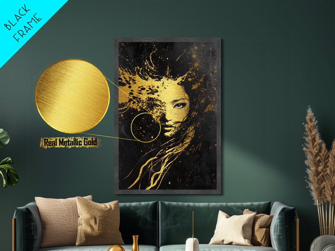 Splattered Witch Face Metallic Gold Art, Haunted Abstract Portrait Metal Art for Halloween Horror Vibes, real wood framing