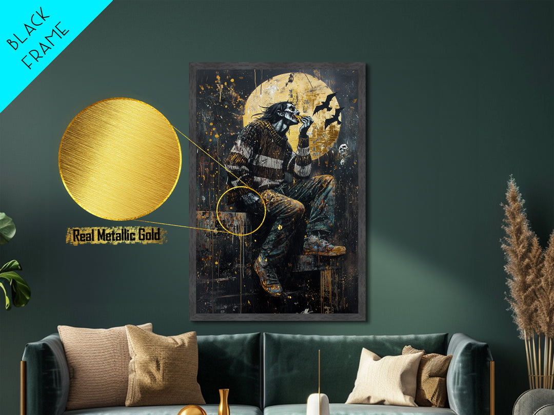 Haunted Moon Zombie Eating Scene, Metallic Gold Art, Spooky Horror Wall Metal Art Framed in Real Wood for Halloween Decor