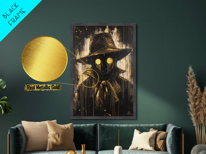 Creepy Scarecrow with Glowing Eyes, Gothic Metallic Gold Art, Horror Halloween Metal Art in Natural Real Wood Frame