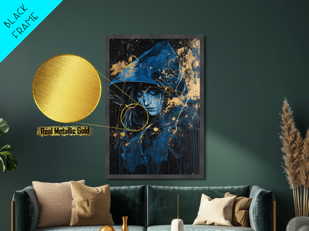 Witchy Hooded Woman in Blue, Metallic Gold Art, Gothic Spooky Season Metal Art on Canvas Framed in Authentic Real Wood
