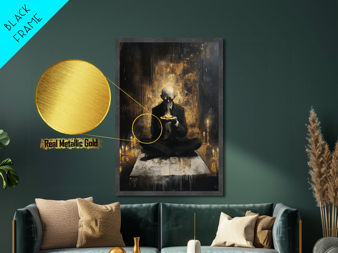 Surreal Masked Occult Figure with Pizza, Creepy Gothic Metallic Gold Art, Spooky Metal Art framed in real wood décor