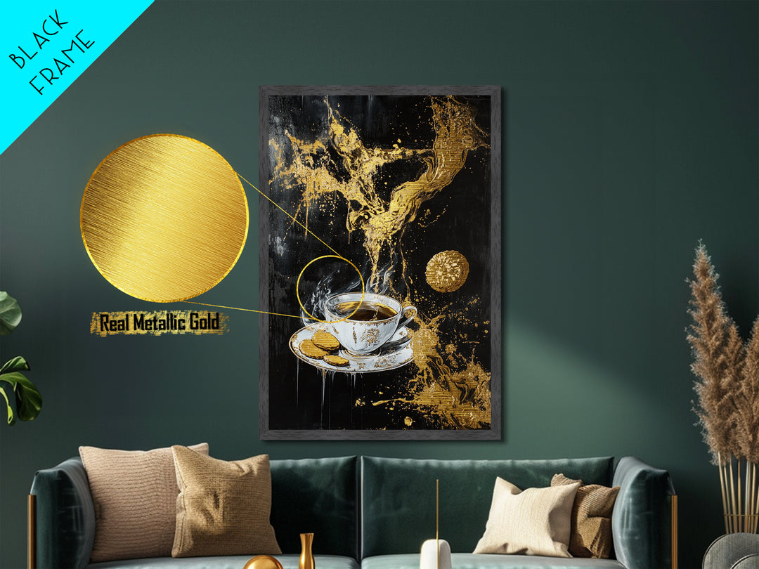 Haunted Coffee and Cookies Scene, Metallic Gold Art, Spooky Kitchen Witch Metal Art with Real Wood Frame Halloween Decor