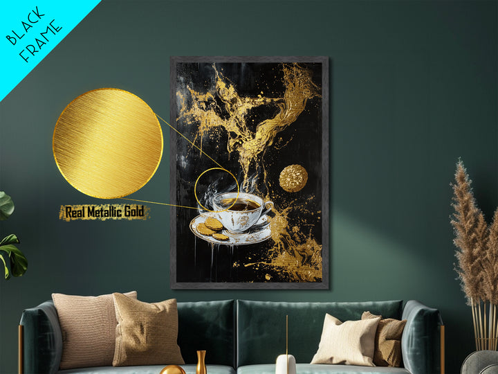 Haunted Coffee and Cookies Scene, Metallic Gold Art, Spooky Kitchen Witch Metal Art with Real Wood Frame Halloween Decor