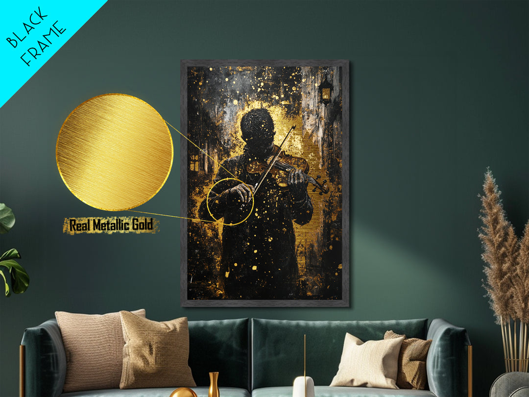 Creepy Violinist in the Shadows, Metallic Gold Art, Haunted Musician Spooky Season Metal Art Framed with Natural Wood