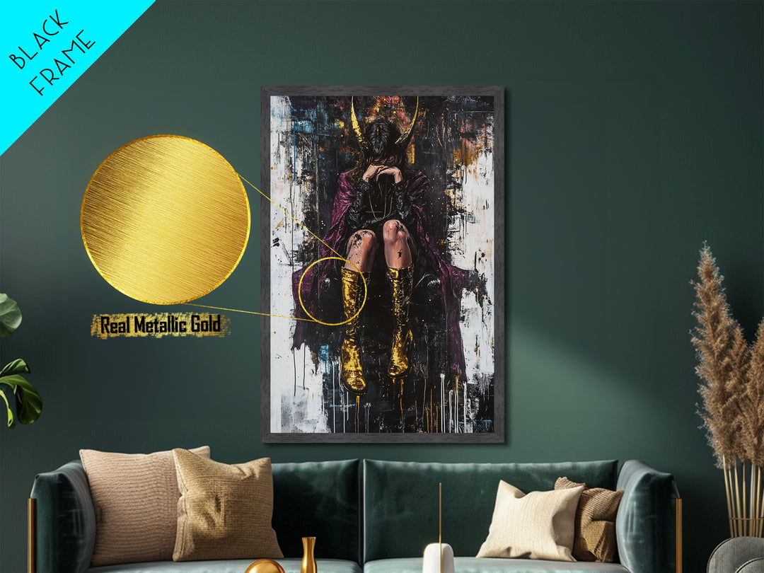 Dark Gothic Woman with Golden Horns, Metallic Gold Art, Spooky Halloween Witch Metal Art in Real Wood Frame Wall Hanging