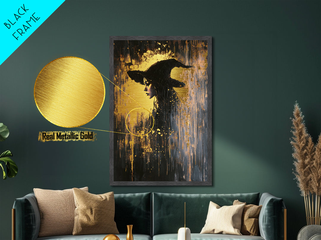 Witch Hat Halloween Portrait, Metallic Gold Art, Spooky Season Gothic Witch Metal Art Framed in Rustic Real Wood