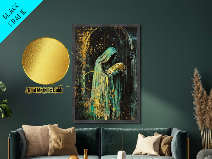 Hooded Phantom with Golden Baby Metallic Gold Art, Creepy Gothic Priest Metal Art in Natural Wood Frame for Halloween
