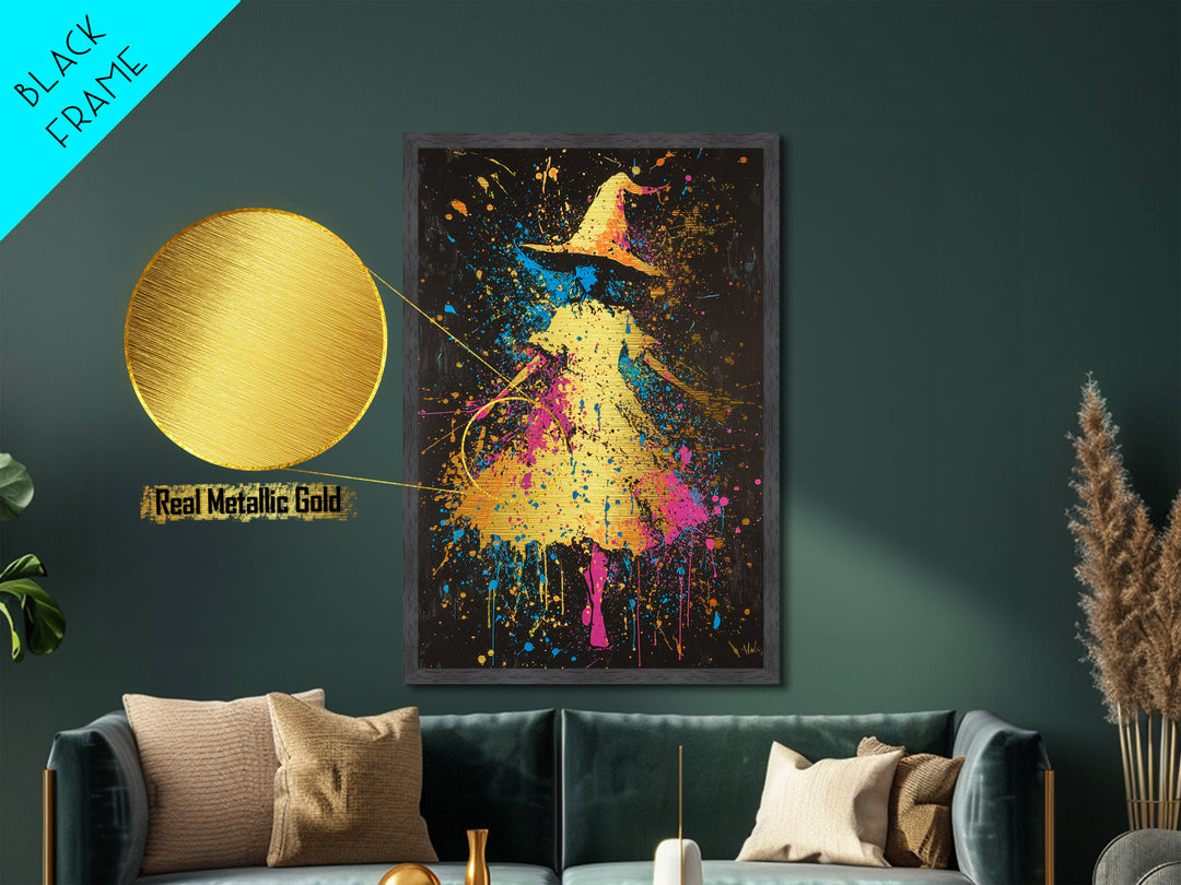 Neon Witch Hat Metallic Gold Art, Psychedelic Spooky Metal Art Print with Real Wood Frame, Vibrant Halloween Wall Decor