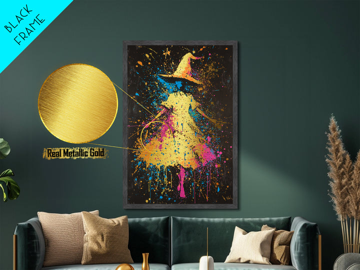 Neon Witch Hat Metallic Gold Art, Psychedelic Spooky Metal Art Print with Real Wood Frame, Vibrant Halloween Wall Decor