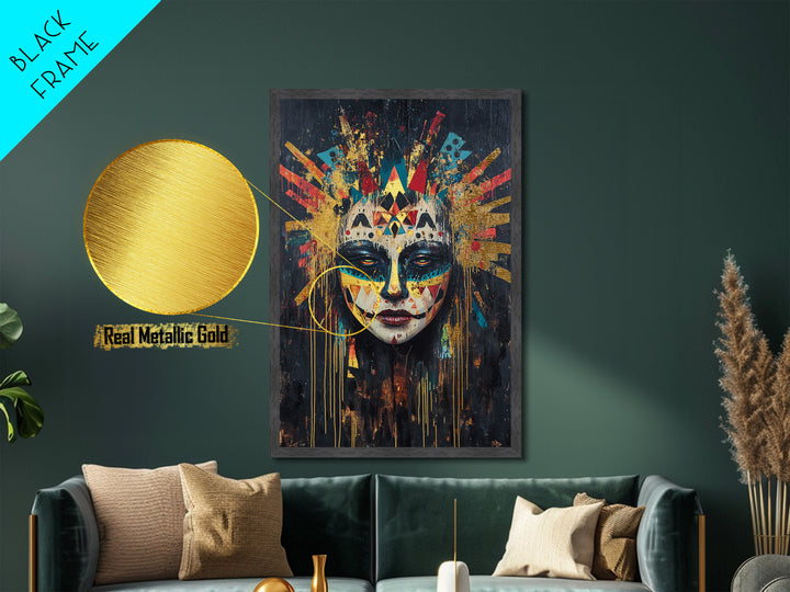 Tribal Skull Mask Metallic Gold Art, Spooky Witchy Horror Portrait Metal Art with Real Wood Frame, Gothic Halloween Decor