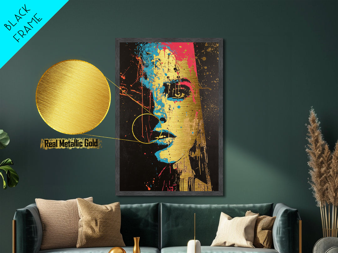 Color Splash Haunted Portrait, Bold Spooky Pop Art Face in Metallic Gold Art, Gothic Season Metal Art with wood frame