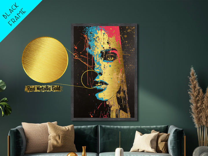 Color Splash Haunted Portrait, Bold Spooky Pop Art Face in Metallic Gold Art, Gothic Season Metal Art with wood frame