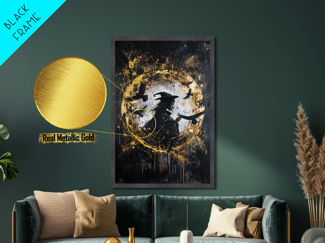 Witch Surrounded by Crows Metallic Gold Art, Haunted Circle Spell Metal Art, Halloween Gothic Decor with Framed Wood Finish