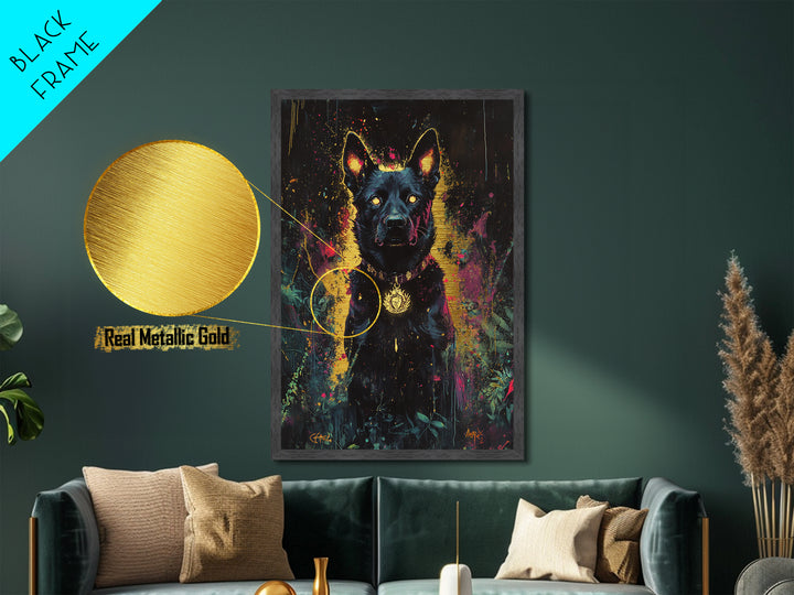 Black Hellhound Metallic Gold Art, Spooky Haunted Dog Metal Art, Halloween Wall Decor Framed in Natural Real Wood