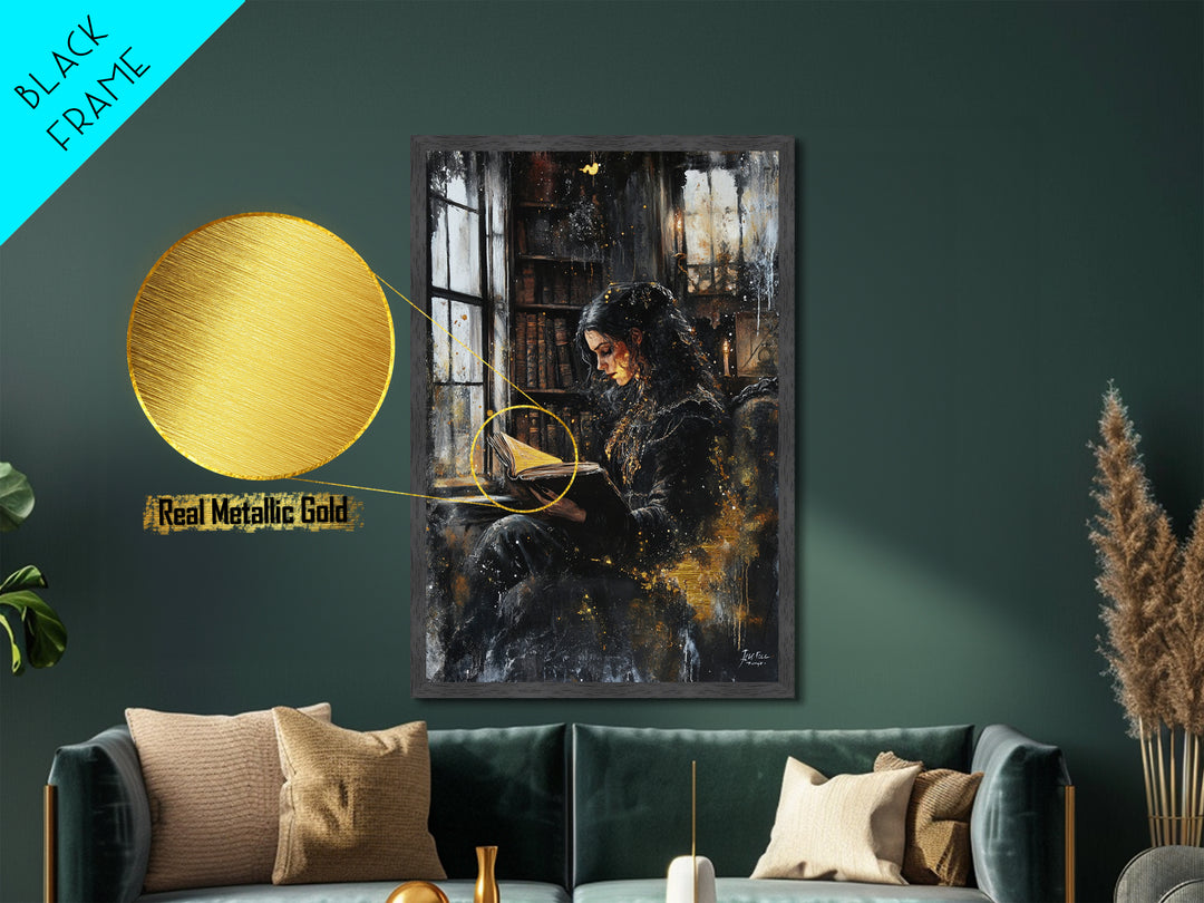 Gothic Witch Reading Spellbook Metallic Gold Art Metal Art Spooky Halloween Wall Decor framed in natural real wood