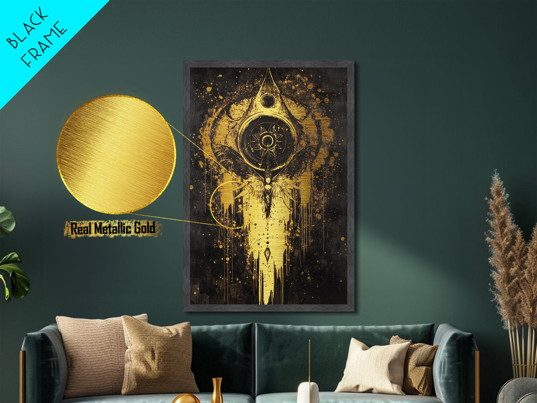 Haunted Celestial Angel Metallic Gold Art Metal Art Occult Halloween Spooky Season Wall Hanging with real wood frame