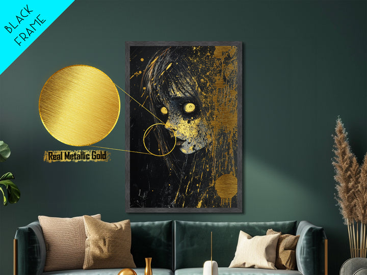 Creepy Horror Doll Portrait Metallic Gold Art Metal Art Spooky Halloween Wall Decor in handcrafted real wood frame