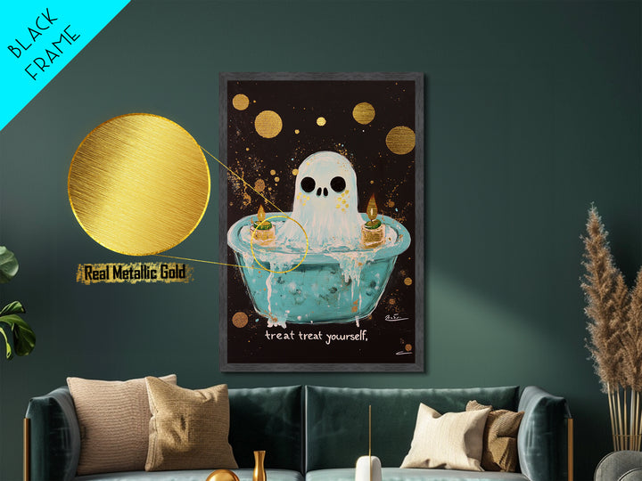 Cute Bathtub Ghost Metallic Gold Art Metal Art Halloween Spooky Season Wall Print framed with solid real wood accents