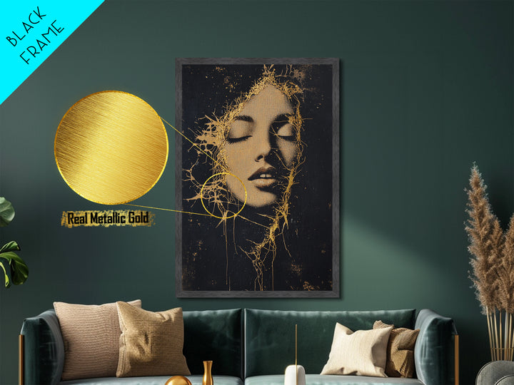 Golden Roots Haunted Face, Creepy Abstract Metallic Gold Art Portrait, Spooky Season Metal Art framed in natural wood