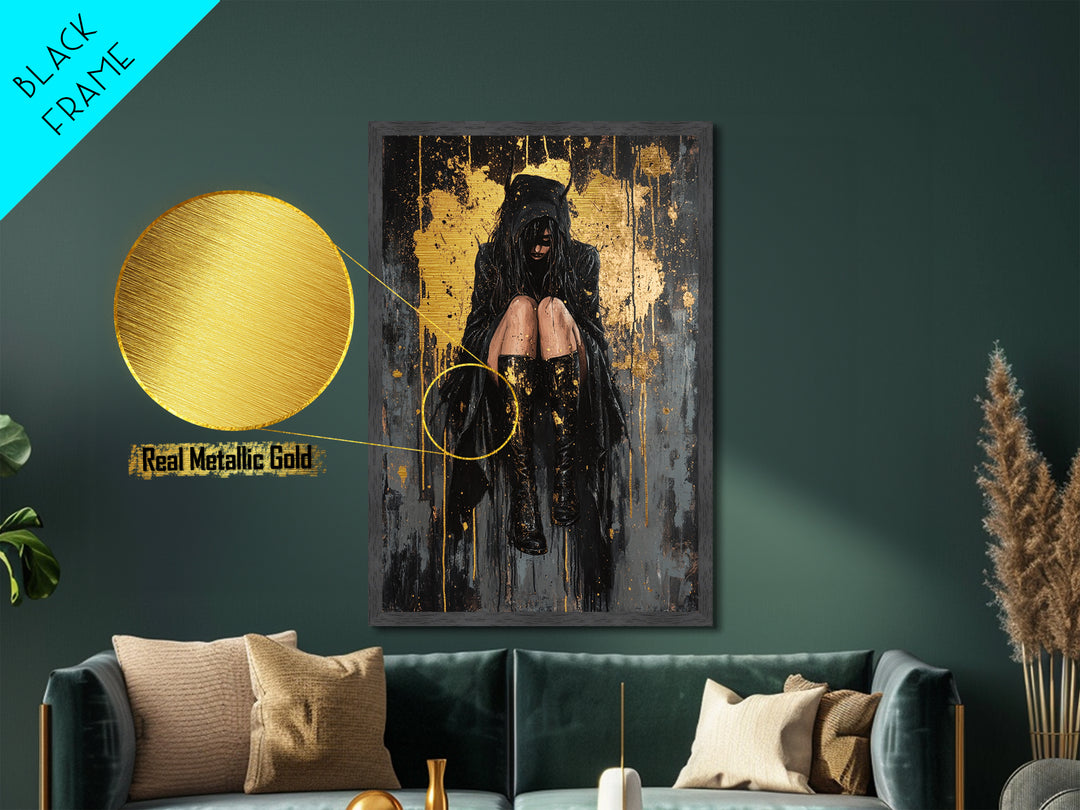 Moody Gothic Girl in Hood Metallic Gold Art Metal Art Spooky Season Haunted Halloween Wall Hanging with natural wood frame